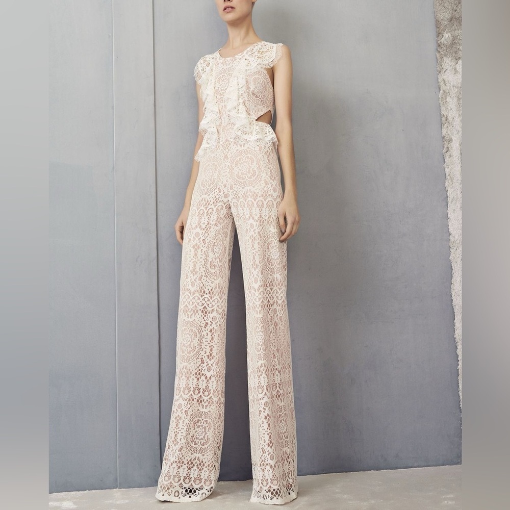ALEXIS Anka Fall 2019 Runway Ruffle Side Cutout Ivory Lace Flared Jumpsuit Small